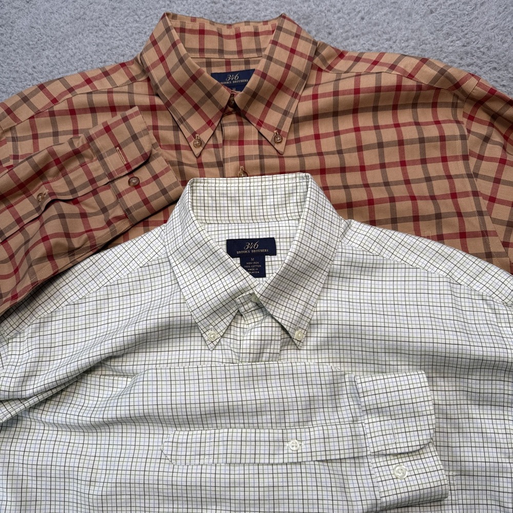Brooks Brothers 346 Dress Shirt Mens Medium Blue Tan Check Non Iron 2-Pack